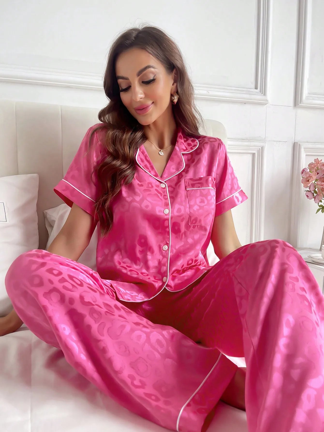 Pink Leopard Print Satin Pajama Set for Women