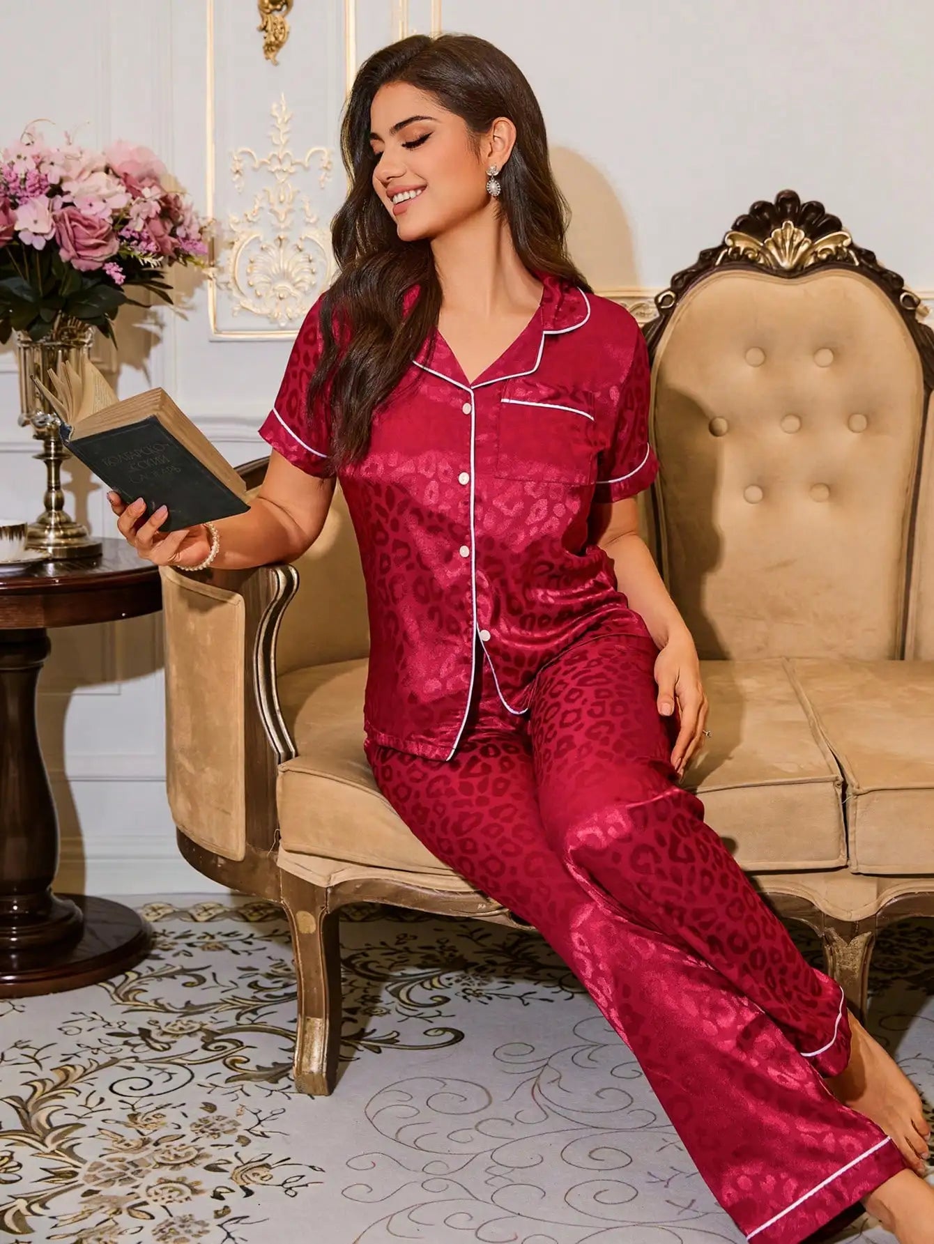 Pink Leopard Print Satin Pajama Set for Women