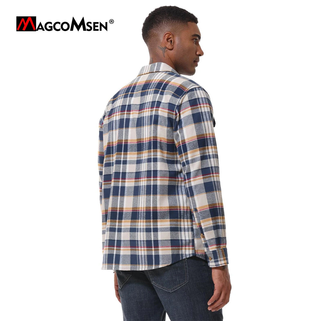 MAGCOMSEN Flannel Shirts Men's Long Sleeves Cotton Long Sleeve Plaid Shirt with 2 Pockets Button Down Casual Corduroy Shirt Male