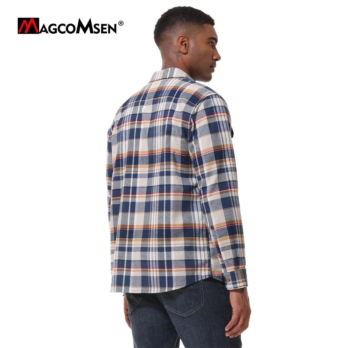 MAGCOMSEN Flannel Shirts Men's Long Sleeves Cotton Long Sleeve Plaid Shirt with 2 Pockets Button Down Casual Corduroy Shirt Male