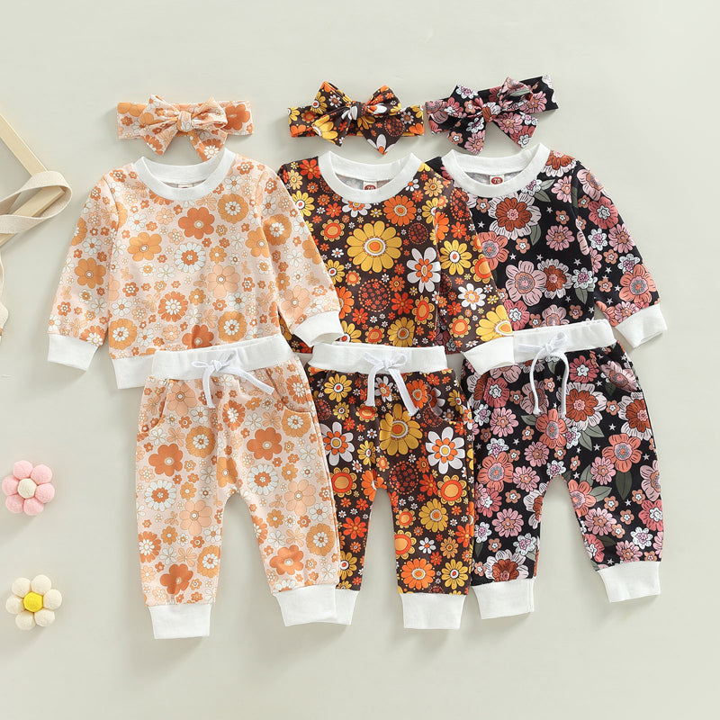 Toddler Girls Floral Print Long Sleeve Sweatshirt Pants & Headband Set