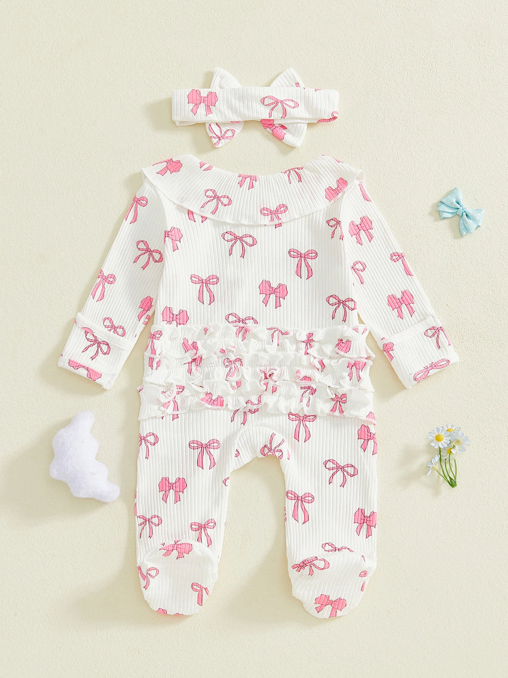 Adorable Baby Girls 2 Piece Long Sleeve Bow Print Romper with Headband