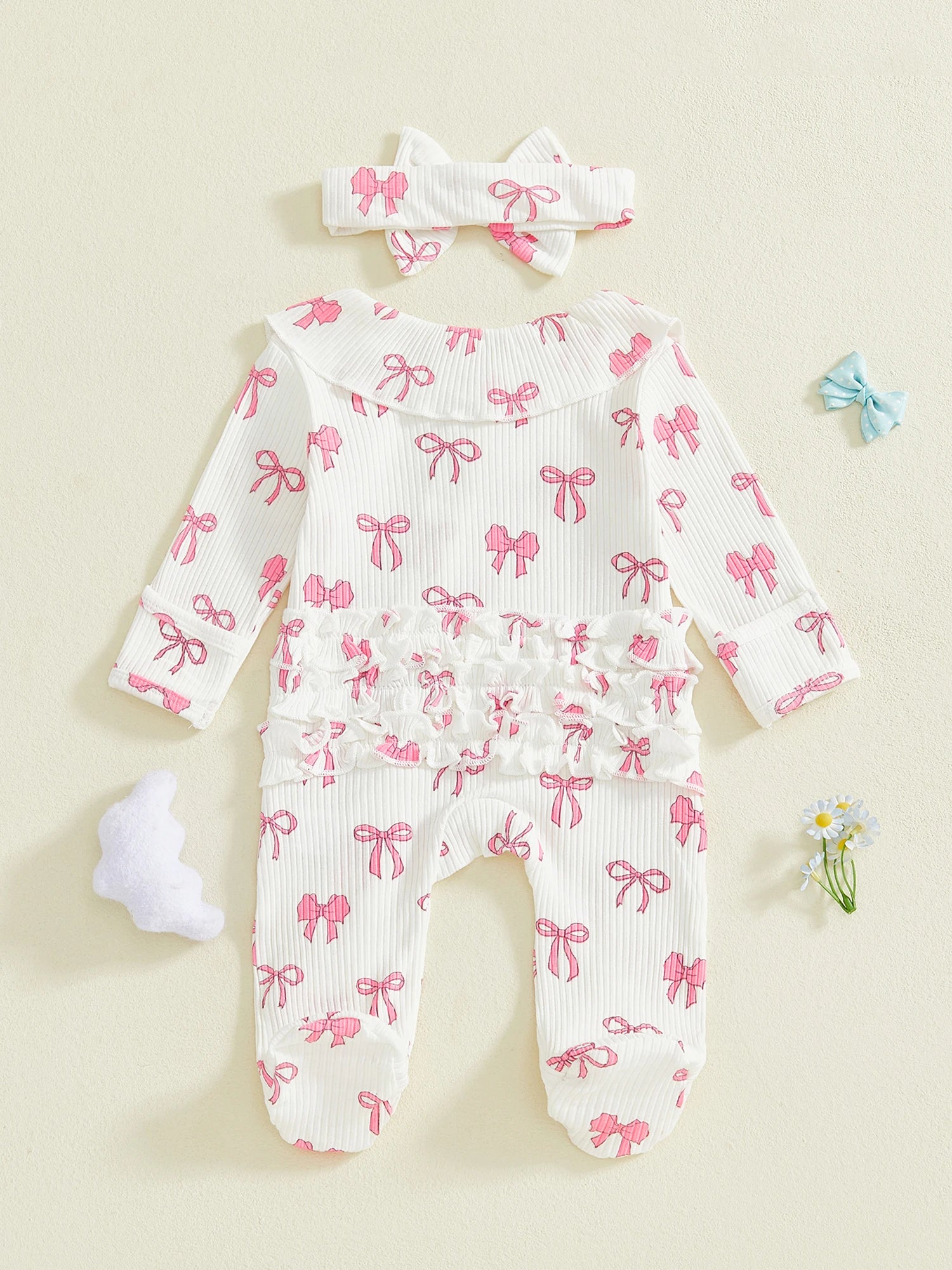 Adorable Baby Girls 2 Piece Long Sleeve Bow Print Romper with Headband