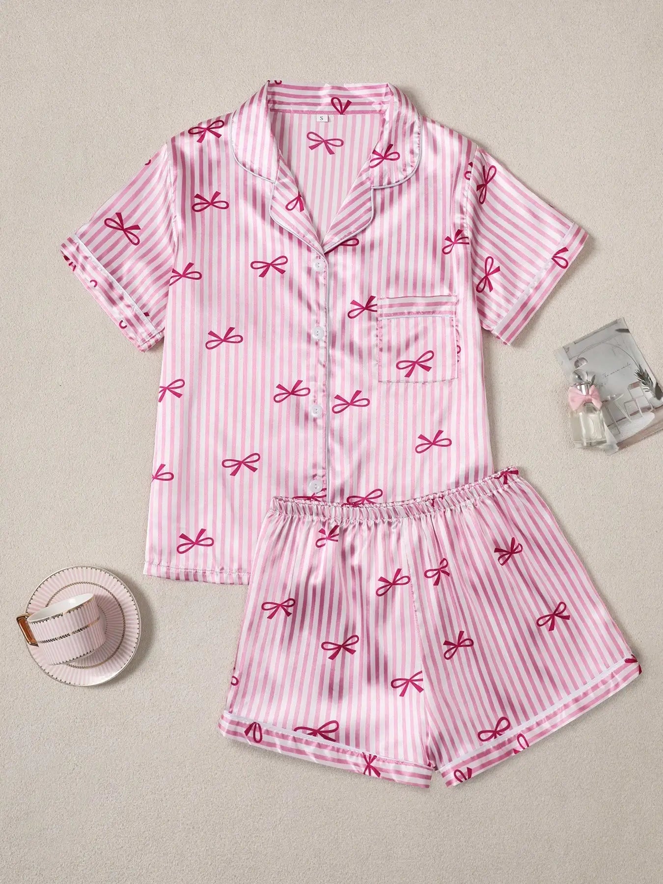 Women's Pink Stripe & Bow Print Short Sleeve Pajama Set