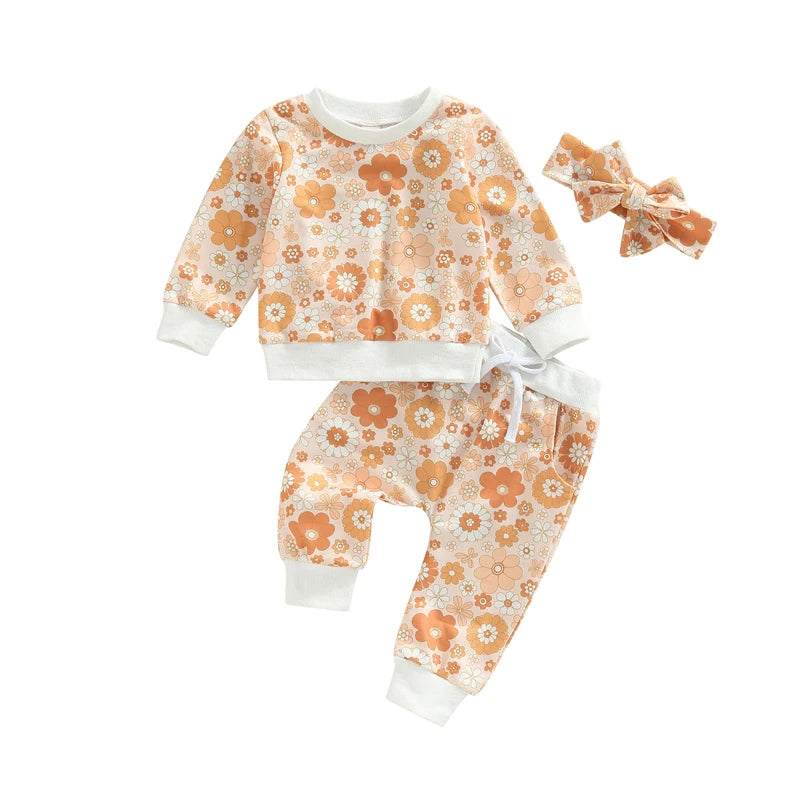 Toddler Girls Floral Print Long Sleeve Sweatshirt Pants & Headband Set