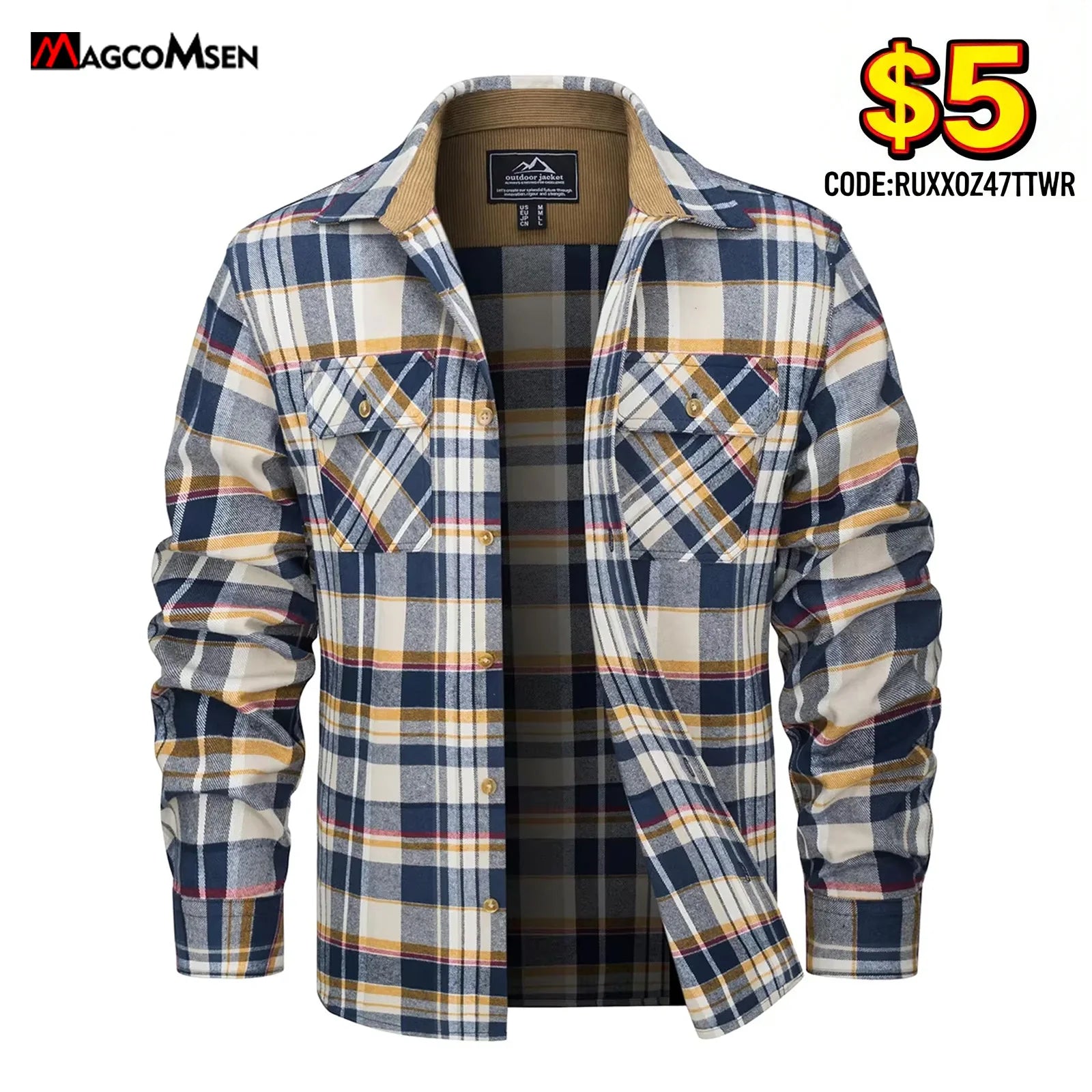 MAGCOMSEN Flannel Shirts Men's Long Sleeves Cotton Long Sleeve Plaid Shirt with 2 Pockets Button Down Casual Corduroy Shirt Male