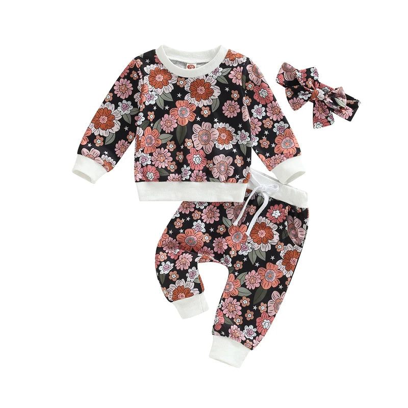 Toddler Girls Floral Print Long Sleeve Sweatshirt Pants & Headband Set
