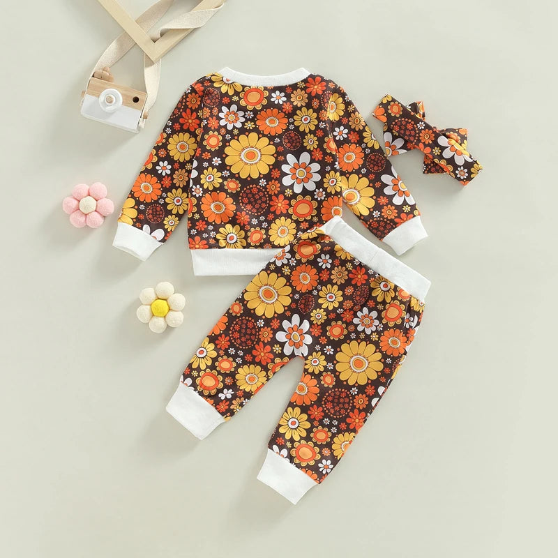 Toddler Girls Floral Print Long Sleeve Sweatshirt Pants & Headband Set