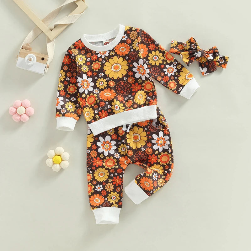 Toddler Girls Floral Print Long Sleeve Sweatshirt Pants & Headband Set