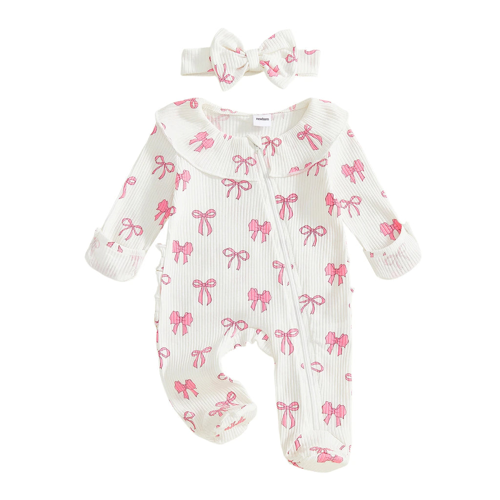 Adorable Baby Girls 2 Piece Long Sleeve Bow Print Romper with Headband