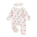 Adorable Baby Girls 2 Piece Long Sleeve Bow Print Romper with Headband