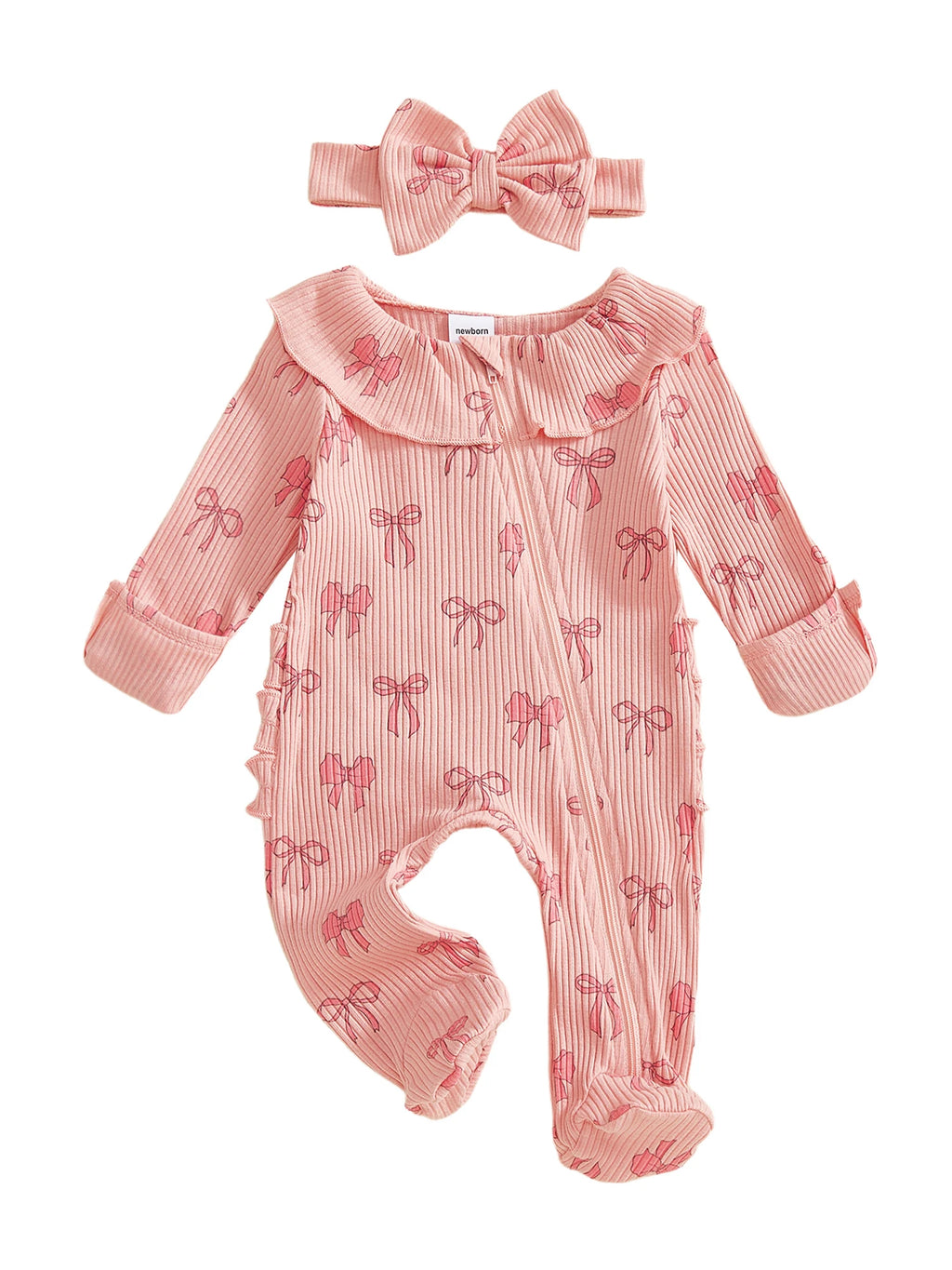 Adorable Baby Girls 2 Piece Long Sleeve Bow Print Romper with Headband