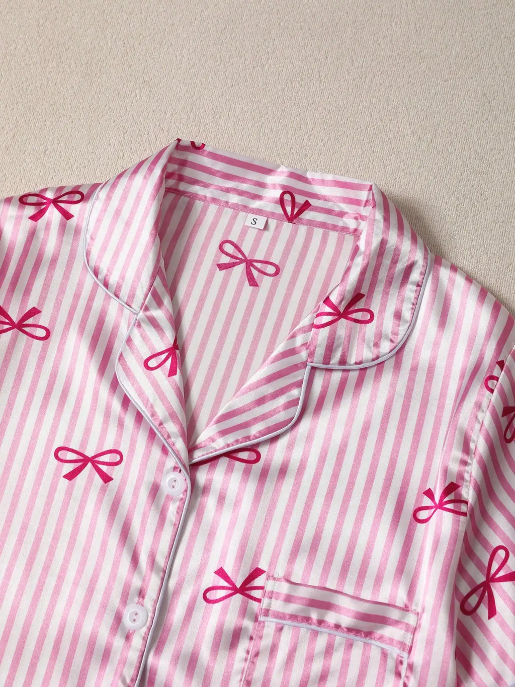Women's Pink Stripe & Bow Print Short Sleeve Pajama Set