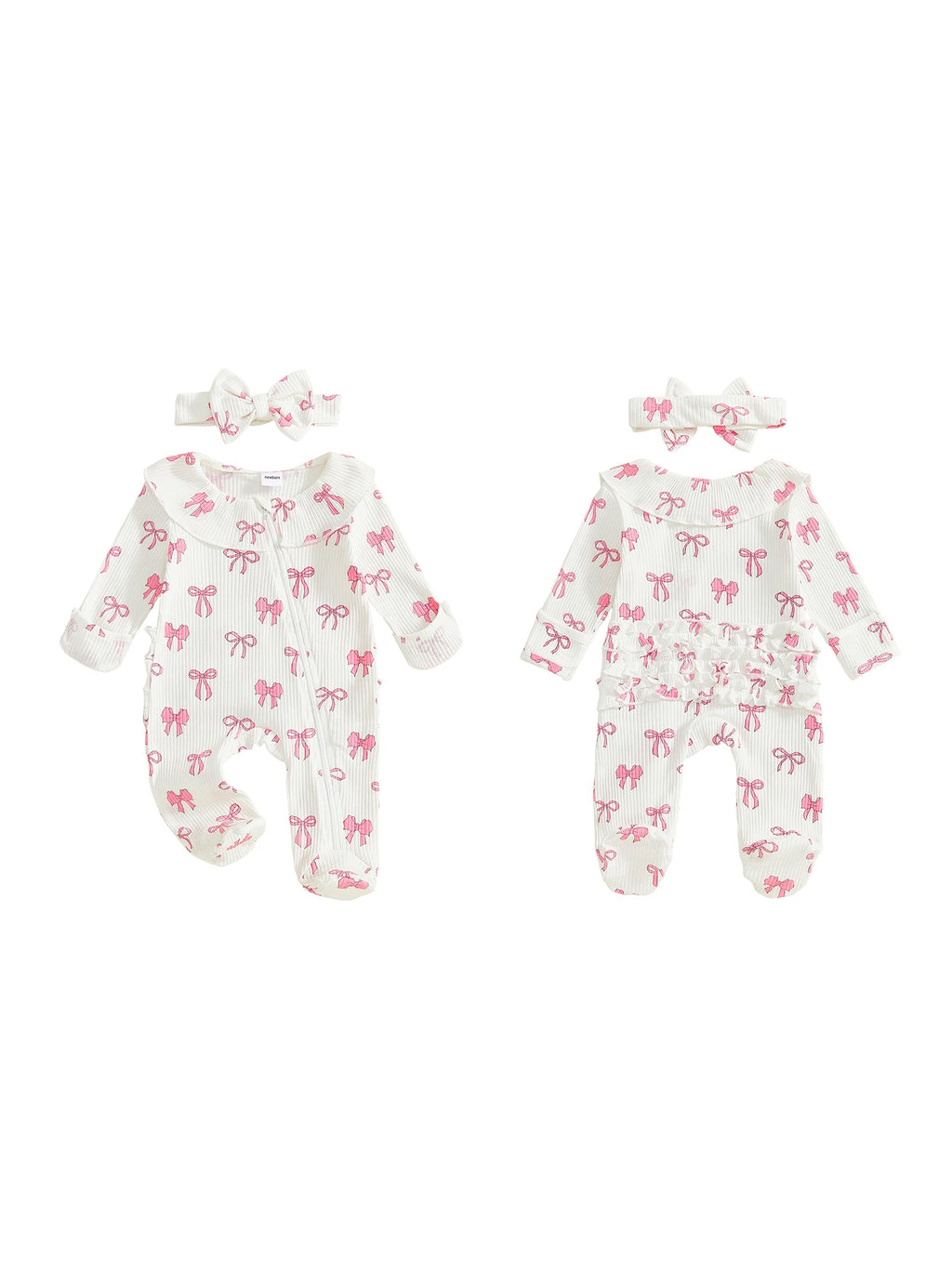 Adorable Baby Girls 2 Piece Long Sleeve Bow Print Romper with Headband