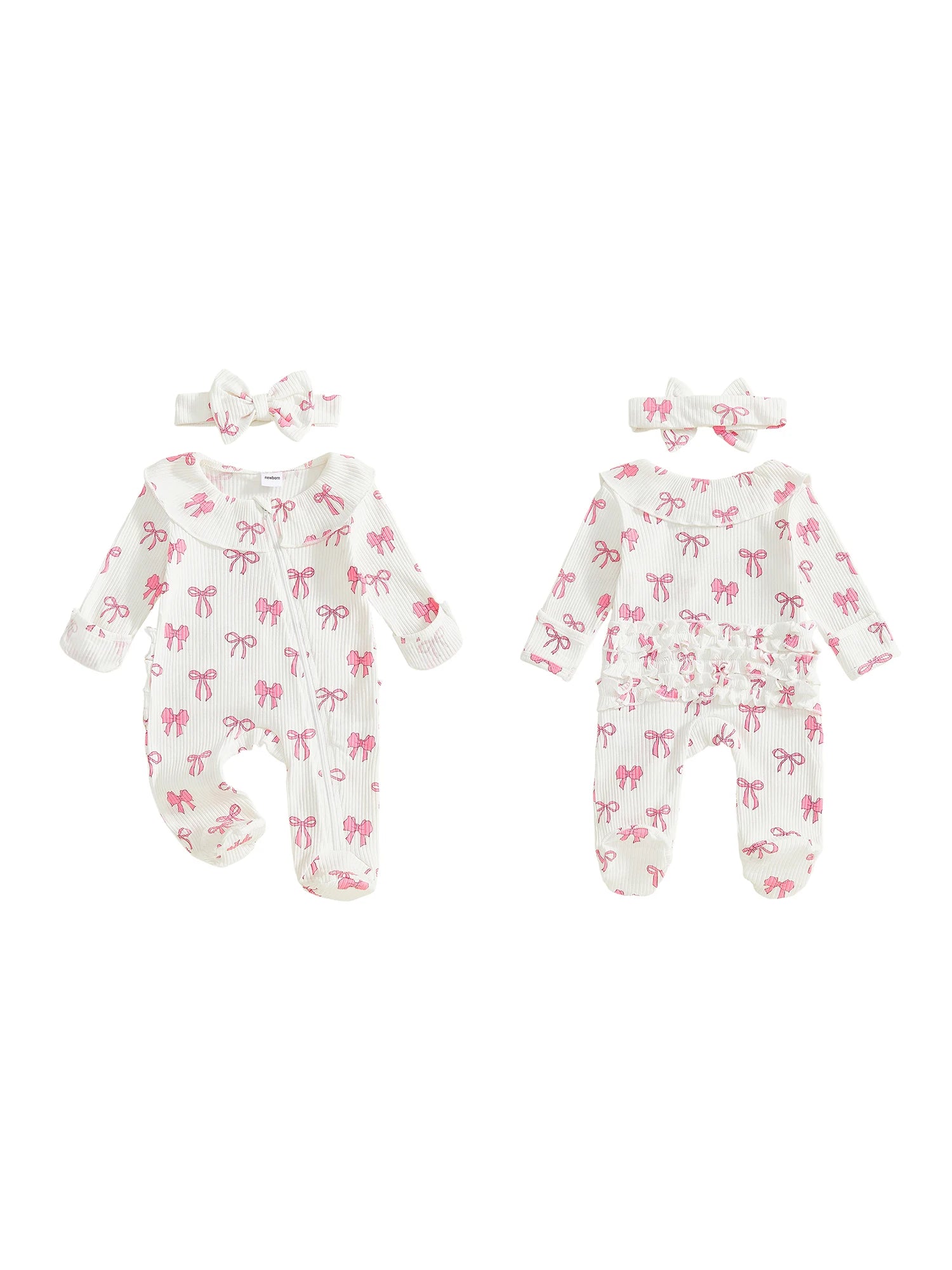Adorable Baby Girls 2 Piece Long Sleeve Bow Print Romper with Headband