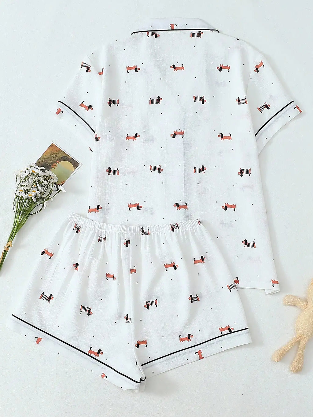 Women's White Short Sleeve Pajama Set with Dog Print
