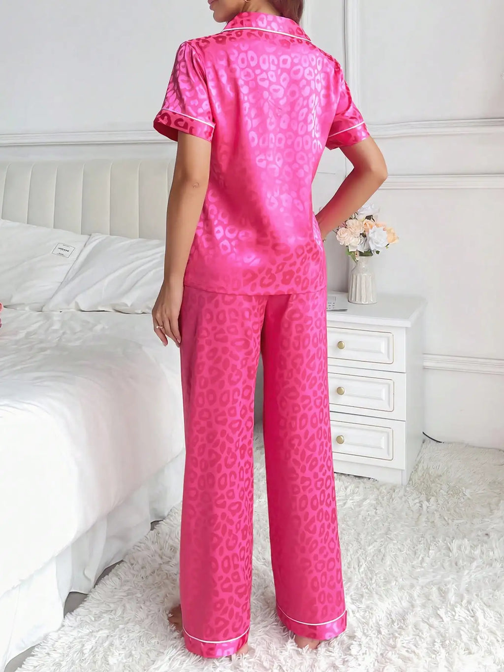 Pink Leopard Print Satin Pajama Set for Women