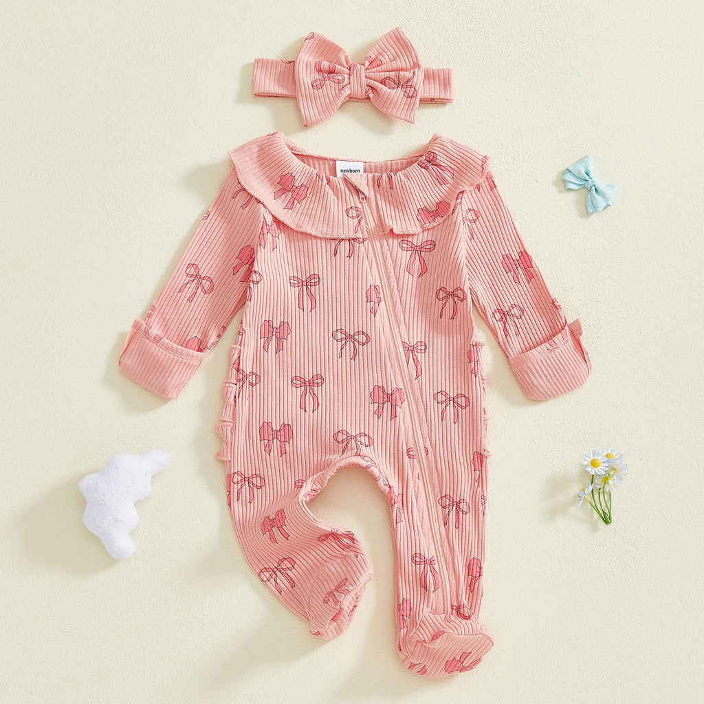 Adorable Baby Girls 2 Piece Long Sleeve Bow Print Romper with Headband