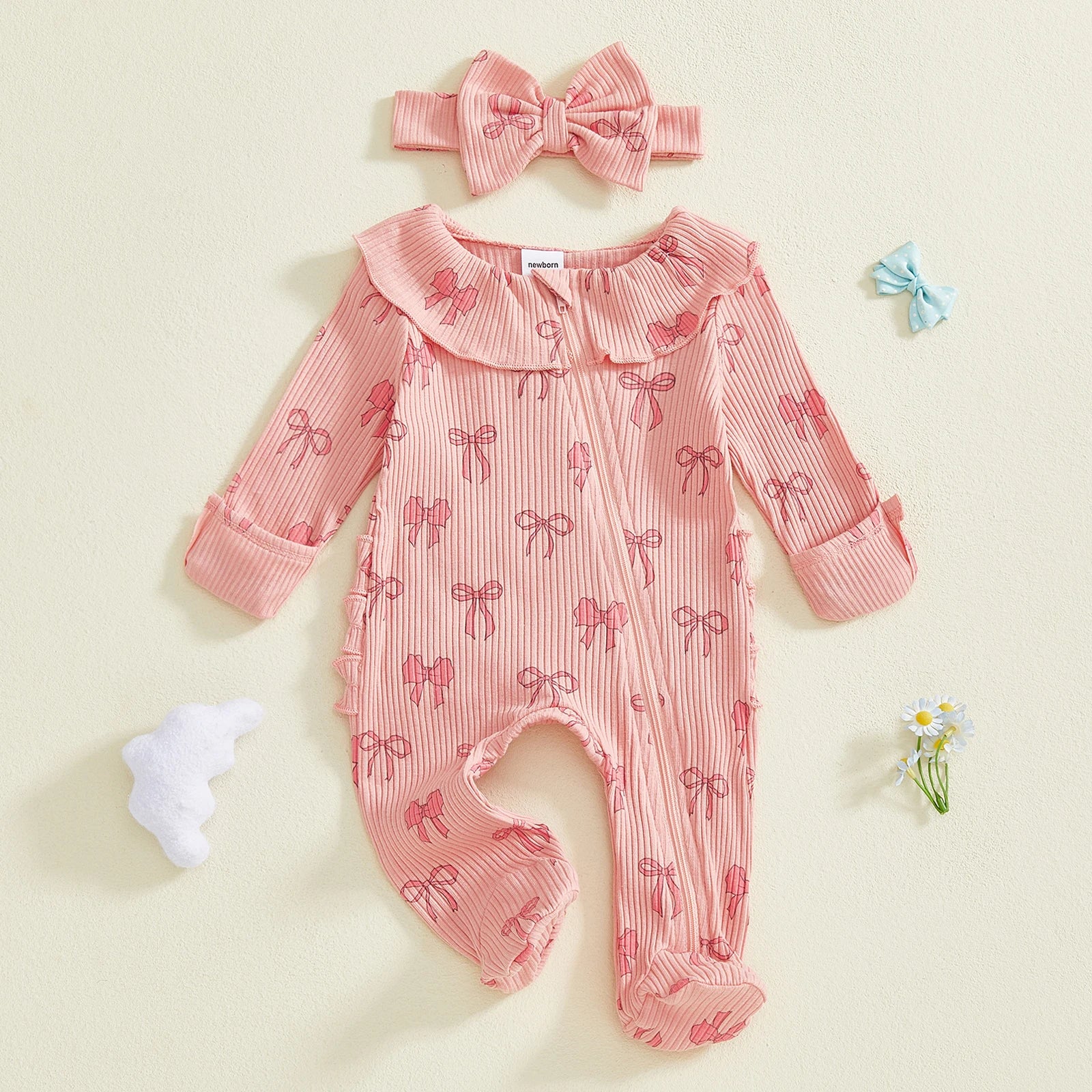 Adorable Baby Girls 2 Piece Long Sleeve Bow Print Romper with Headband