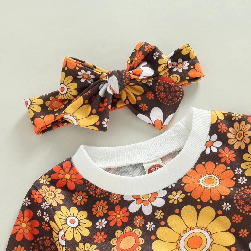 Toddler Girls Floral Print Long Sleeve Sweatshirt Pants & Headband Set