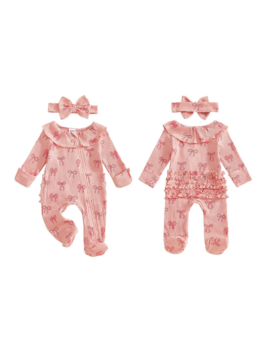 Adorable Baby Girls 2 Piece Long Sleeve Bow Print Romper with Headband