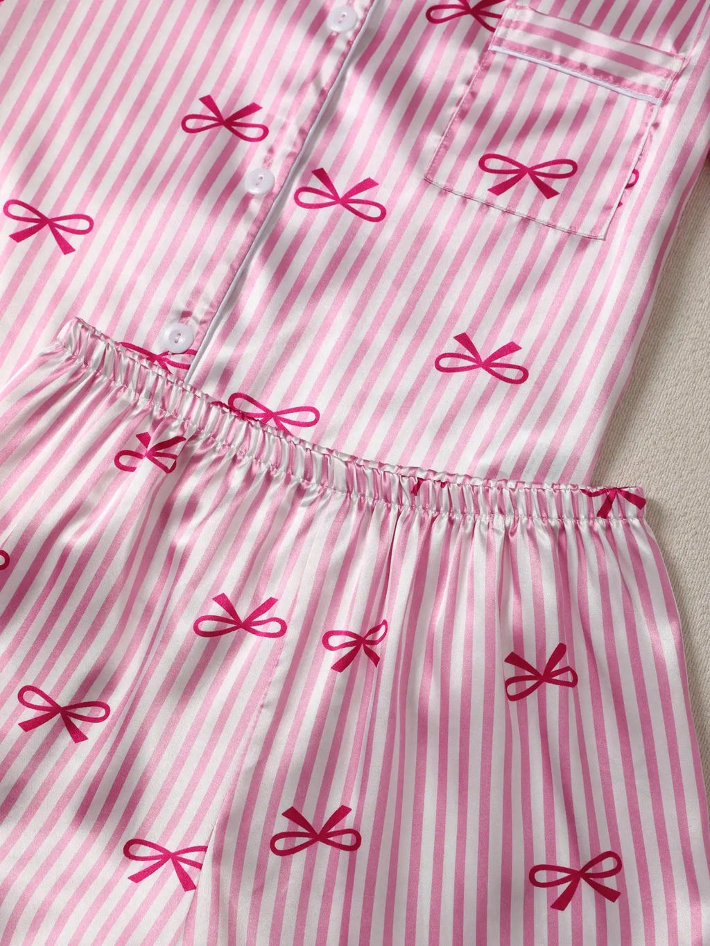 Women's Pink Stripe & Bow Print Short Sleeve Pajama Set