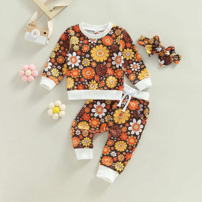 Toddler Girls Floral Print Long Sleeve Sweatshirt Pants & Headband Set