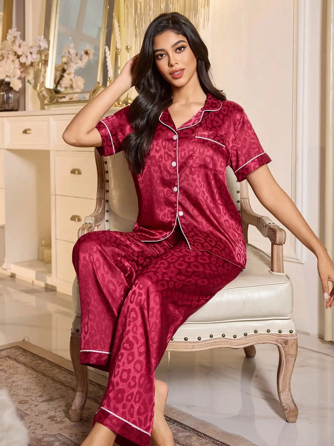 Pink Leopard Print Satin Pajama Set for Women